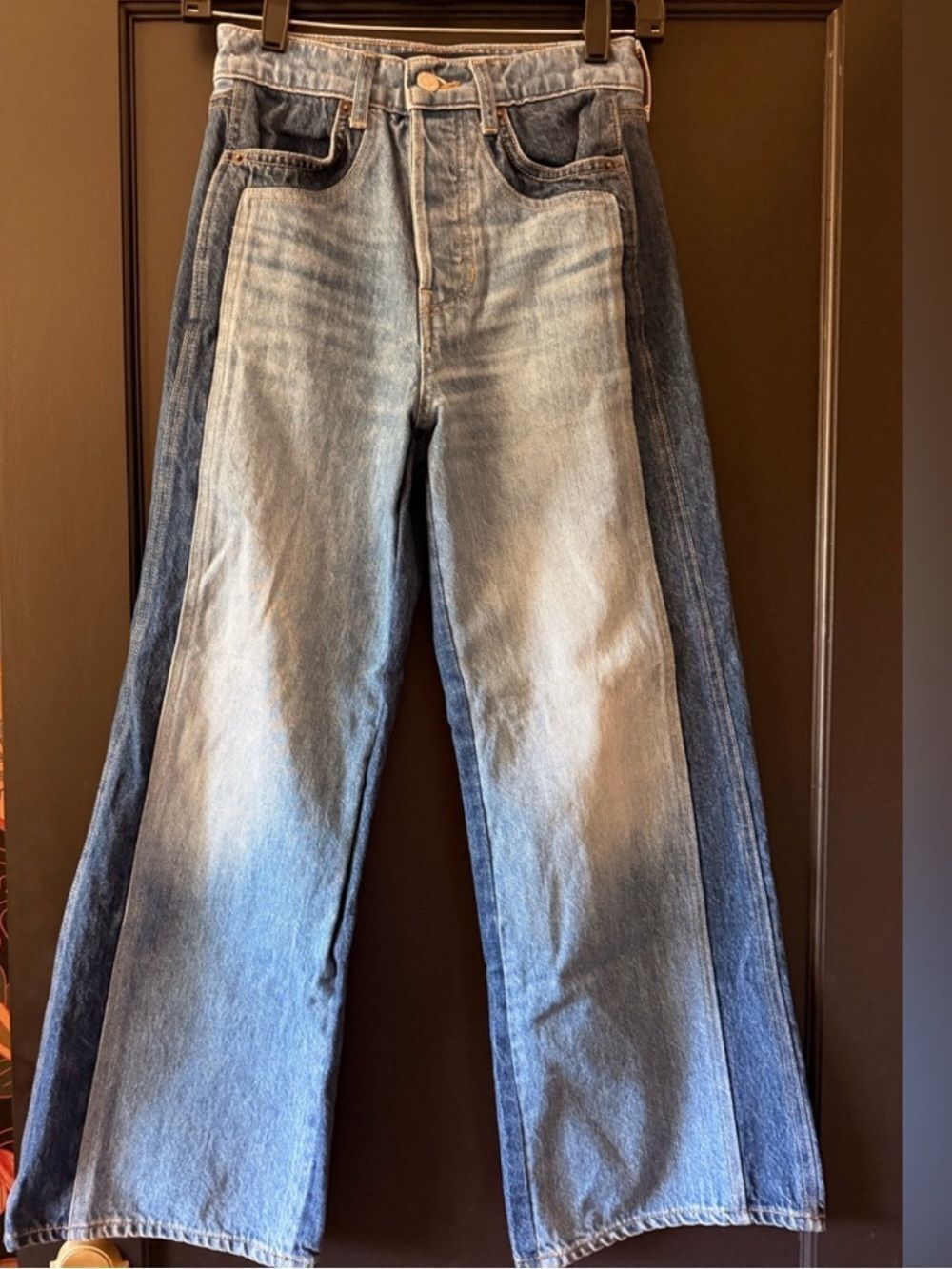 Veronica Beard Taylor Wide Leg Crop High Rise Rebel Blue Color Block Jeans
